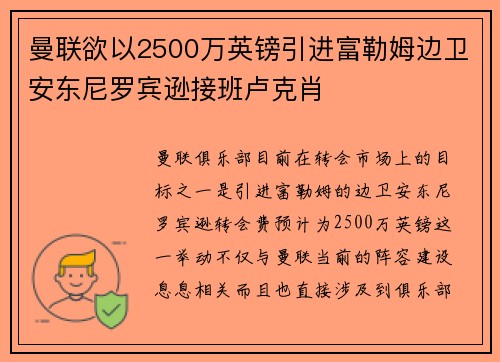 曼联欲以2500万英镑引进富勒姆边卫安东尼罗宾逊接班卢克肖